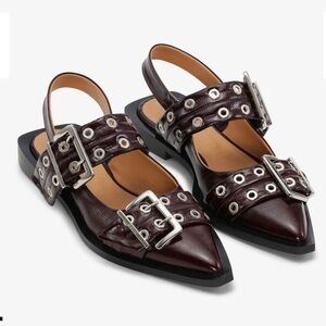 Ganni feminine buckle ballerinas in burgundy